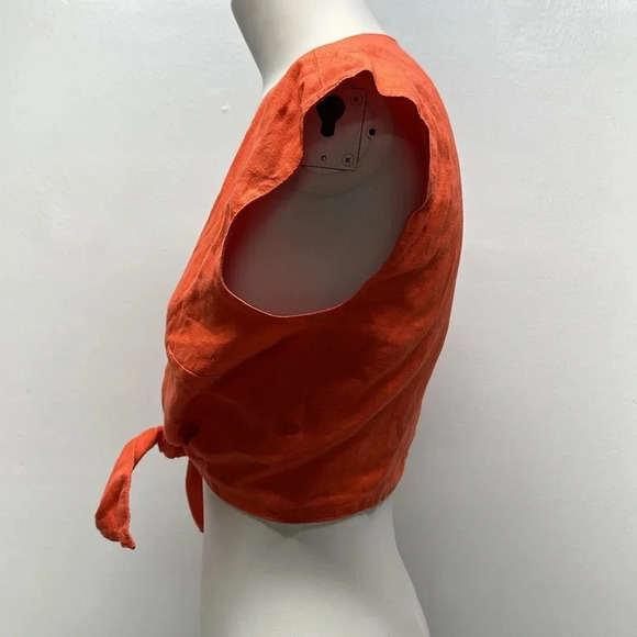 Miguelina Marcy Crop Top Cropped Tie Front Pure Linen Short Sleeve Red S Small - Picture 5 of 9
